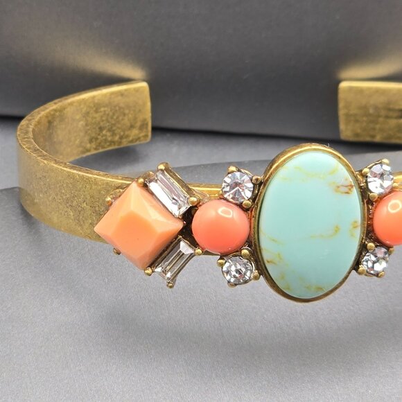 J Crew Antique Gold Tone Cuff Bracelet Faux Coral & Turquoise Stones Rhinestones - Picture 3 of 9